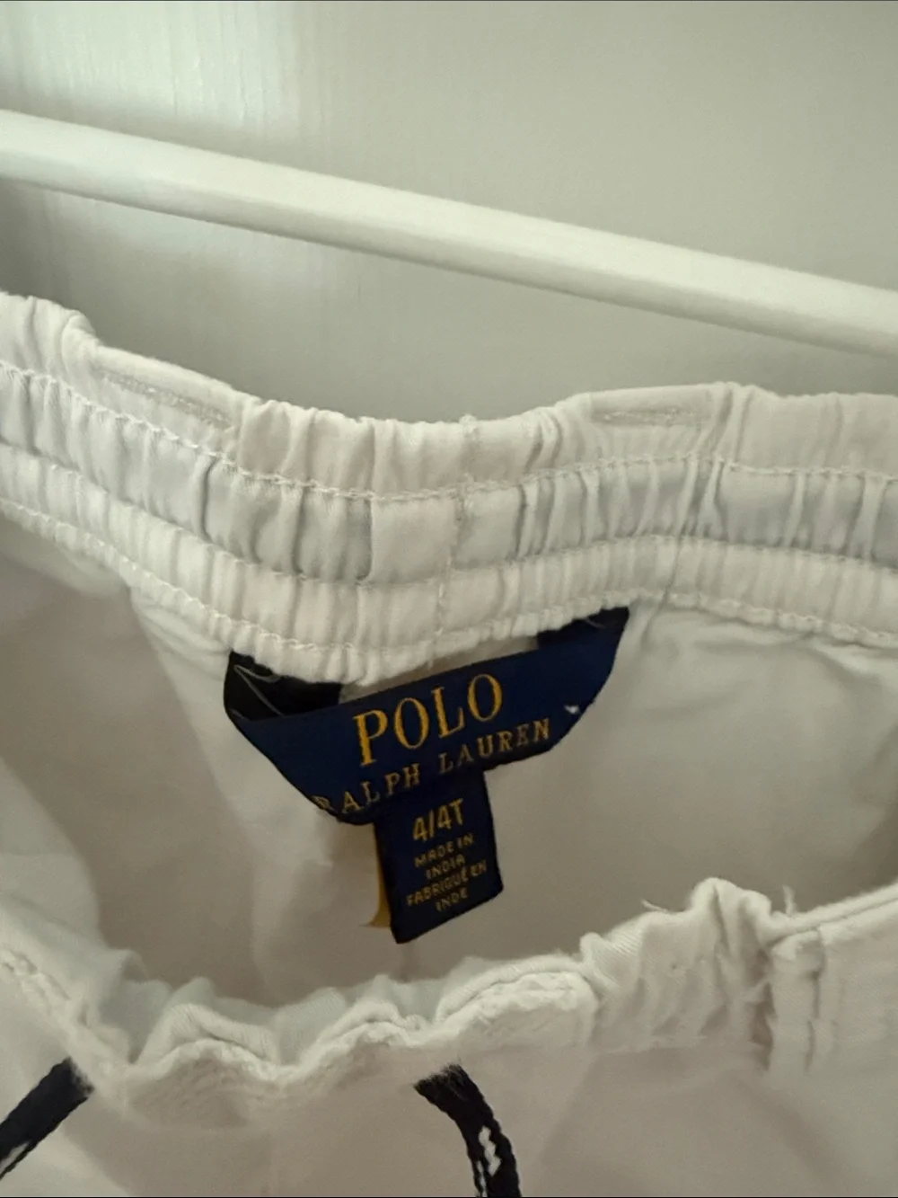 Ralph Lauren White Cotton Drawstring Kids Shorts with Navy Tie